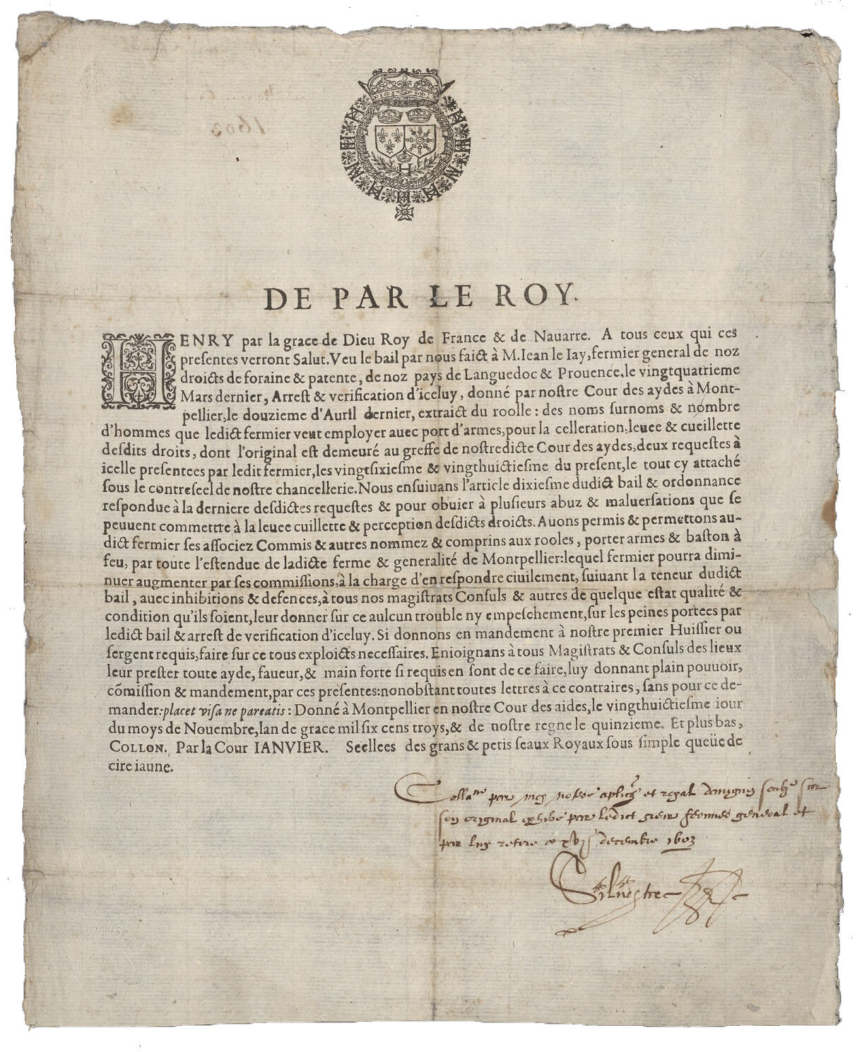 Avis royal sur l'emploi d'hommes armés pour la collecte des taxes, 1603