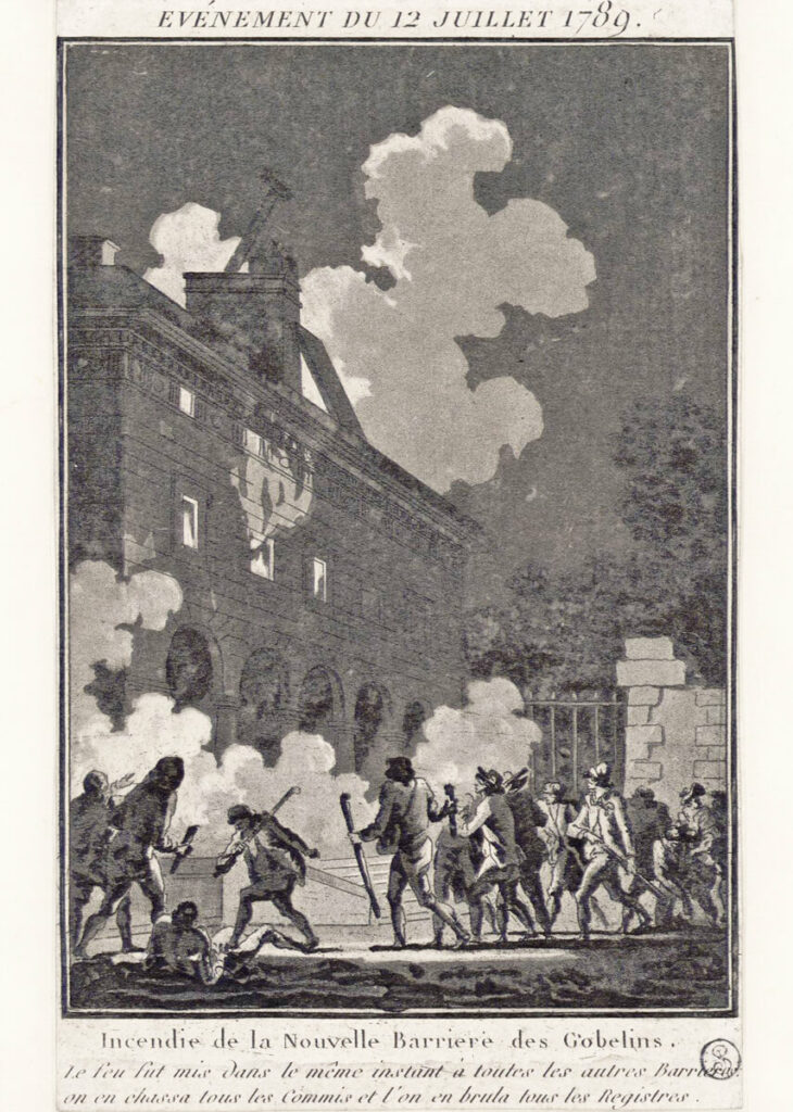 Incendie de la Nouvelle Barrière des Gobelins, gravure de Janinet, 1790